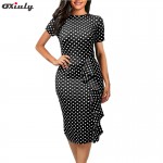  Oxiuly 2017 New vintage Polka Dot print short sleeve puff Natural Round-Neck knee-length Wear to Work Pencil Dress