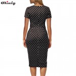  Oxiuly 2017 New vintage Polka Dot print short sleeve puff Natural Round-Neck knee-length Wear to Work Pencil Dress