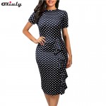  Oxiuly 2017 New vintage Polka Dot print short sleeve puff Natural Round-Neck knee-length Wear to Work Pencil Dress