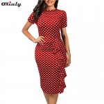  Oxiuly 2017 New vintage Polka Dot print short sleeve puff Natural Round-Neck knee-length Wear to Work Pencil Dress