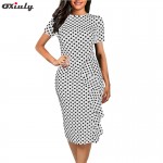  Oxiuly 2017 New vintage Polka Dot print short sleeve puff Natural Round-Neck knee-length Wear to Work Pencil Dress