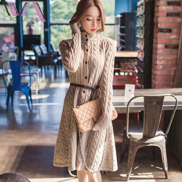  Winter Retro Dress Women Vestidos Knitted Solid Turtleneck Twist Single-Breasted Long Sleeve Elegant Slim Dresses With Belt