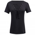  Women Summer  Lace Up Causal Short Sleeve T Shirt Women Hollow out Strappy Front T-shirt Ladies Tee Tops New Color