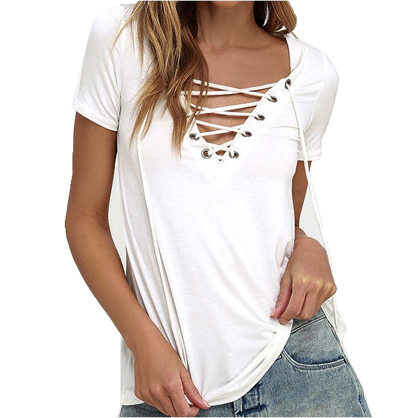  Women Summer  Lace Up Causal Short Sleeve T Shirt Women Hollow out Strappy Front T-shirt Ladies Tee Tops New Color