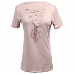  Women Summer  Lace Up Causal Short Sleeve T Shirt Women Hollow out Strappy Front T-shirt Ladies Tee Tops New Color