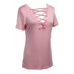  Women Summer  Lace Up Causal Short Sleeve T Shirt Women Hollow out Strappy Front T-shirt Ladies Tee Tops New Color