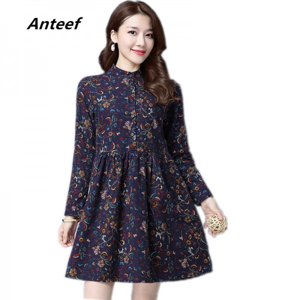  new fashion cotton linen vintage print  women casual loose autumn spring dress vestidos femininos party 2018 dresses