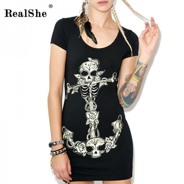 1 Piece Cotton Women's Summer Plus Size Sexy Zipper Jag Backless Slim Skull Printing Dress Lady Fashion Party Street Dress