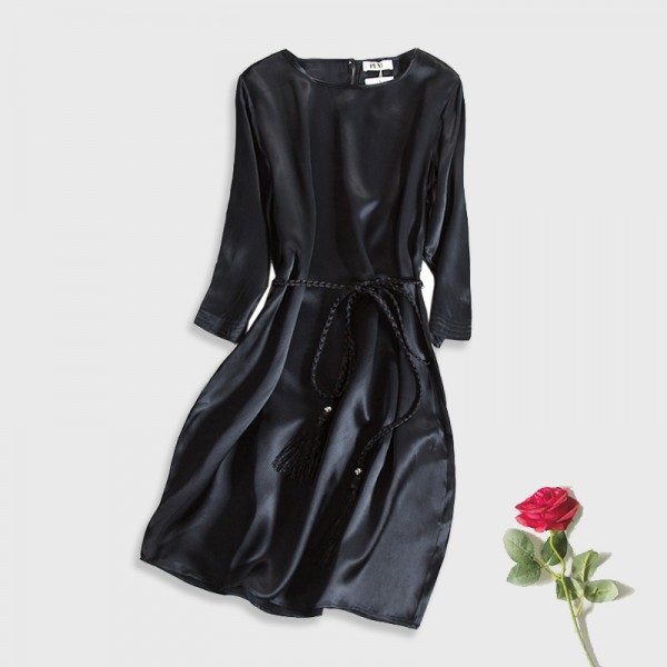 100% REAL SILK WOMEN SATIN Casual dresses BELT Fahion vestidos 2015 new  FALL WINTER Black