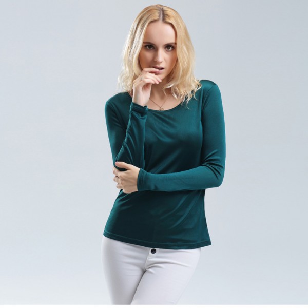 100% pure REAL SILK women base knitted long sleeve T shirt  Basic round neck camisetas femininas undershirt Large size NEW