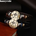 12 Zodiac bracelet Men 2016 vintage bronze Handmade Braid  multilayer Genuine Leather Women Wrap Charm Bracelets Bangles Jewelry