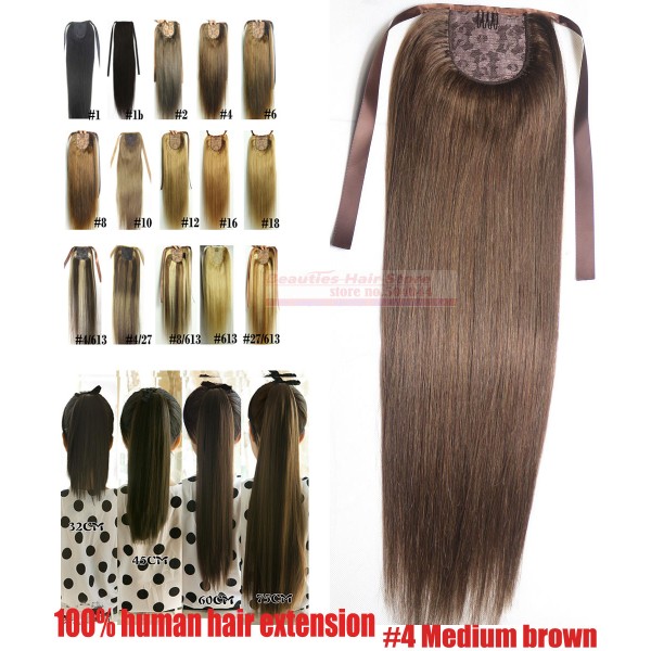 16"-28" 100% Brazilian Remy hair Clips In/on Human Hair Extensions Horsetail Ponytail #4 medium brown 80g100g 120g140g