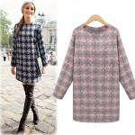 2015 New Fashion Winter women dress round neck long-sleeved plaid was thin loose big yards casual dress women