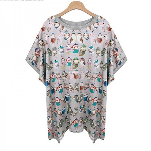 2015 New Style Cartoon Owl Printed Women's T-shirts/Brand Summer Oversize Short Sleeve T-shirts Women/Casual Women Clothing 5XL