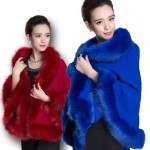 2015 Winter  Womens Leather Grass Fox Fur Collar Poncho Cape Bridal Wedding Dress Shawl Cape  Lady Wool Vest Fur Coat