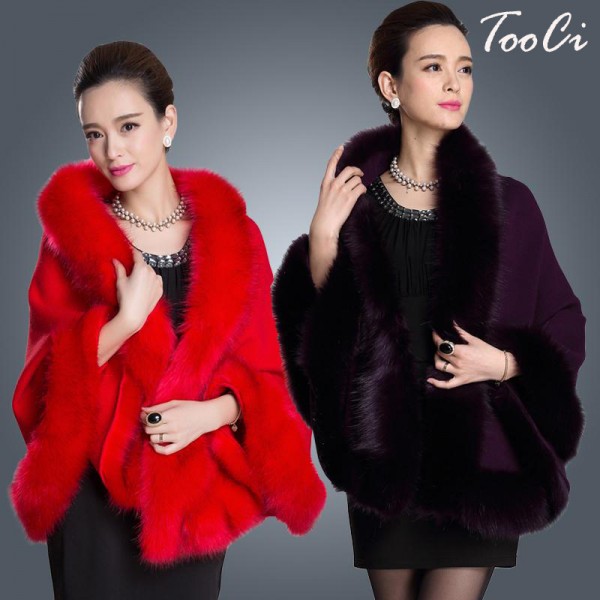 2015 Winter  Womens Leather Grass Fox Fur Collar Poncho Cape Bridal Wedding Dress Shawl Cape  Lady Wool Vest Fur Coat