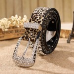 2015 retail women's belt of leopard pattern, leather rhinestone studded belt rivet strap tail belts for women 3.3cm width