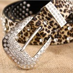 2015 retail women's belt of leopard pattern, leather rhinestone studded belt rivet strap tail belts for women 3.3cm width