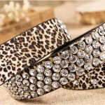 2015 retail women's belt of leopard pattern, leather rhinestone studded belt rivet strap tail belts for women 3.3cm width