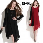 2015European Women Long Sleeve Chiffon Dress irregular hem spring large size oblique zipper asymmetrical faux two vestidos XXXXL