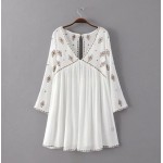 2016 Bohemia Beach V neck Geometric Embroidery Dress Summer Woman Flare Sleeve Blouse Camisa blusas Dress Black White color