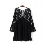 2016 Bohemia Beach V neck Geometric Embroidery Dress Summer Woman Flare Sleeve Blouse Camisa blusas Dress Black White color