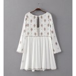 2016 Bohemia Beach V neck Geometric Embroidery Dress Summer Woman Flare Sleeve Blouse Camisa blusas Dress Black White color