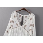 2016 Bohemia Beach V neck Geometric Embroidery Dress Summer Woman Flare Sleeve Blouse Camisa blusas Dress Black White color