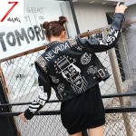 2016 Fashion Autumn Women Heavy Punk Rivet Street Short Leather Jacket Black Zipper Motorcycle Graffiti Printing Coat