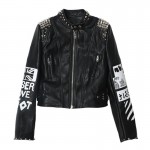 2016 Fashion Autumn Women Heavy Punk Rivet Street Short Leather Jacket Black Zipper Motorcycle Graffiti Printing Coat