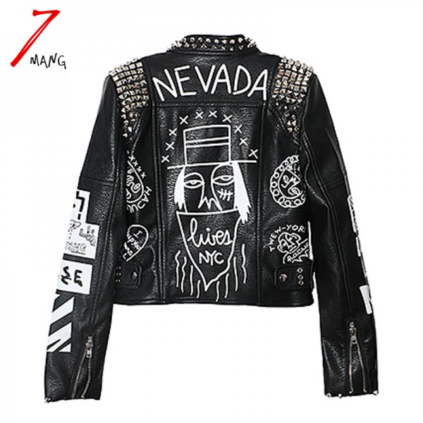 2016 Fashion Autumn Women Heavy Punk Rivet Street Short Leather Jacket Black Zipper Motorcycle Graffiti Printing Coat