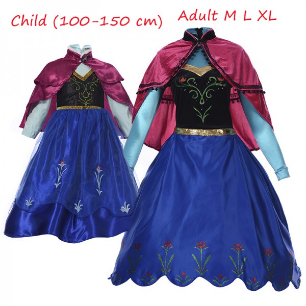 2016 Frozene Anna Princess Dress Christmas Children Clothing Adult Long-sleeve Dresses and Red Cloak Halloween Cosplay Costume