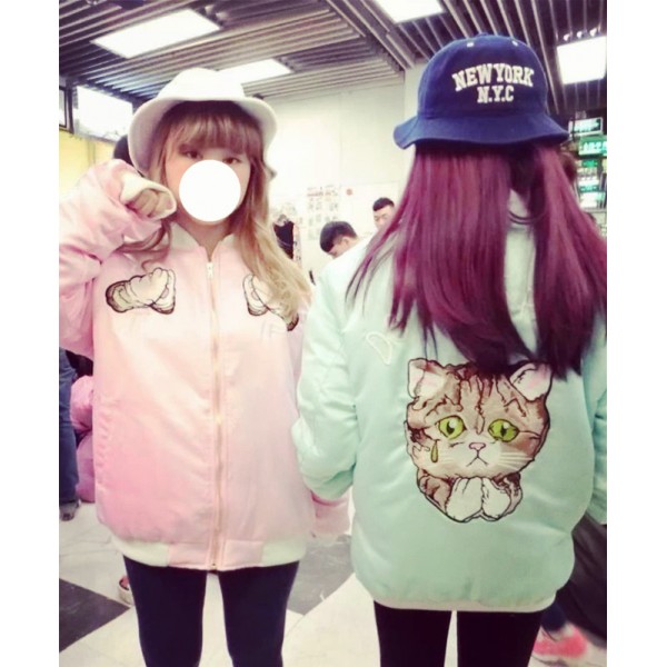 2016 HARAJUKU embroidery weeping cat pullover baseball coat wadded outerwear poor cat catoon pink blue black women Japan Jackets