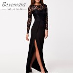 2016 Hot Side Slit black pink lace women sexy dress o-neck long sleeve floor length party dresses plus size women dress DR345