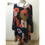 2016 Large Size Dresses Hit Color Printing Long Sleeve Spring Loose Chiffon Dress for Women with Necklace(R.Melody XM0002