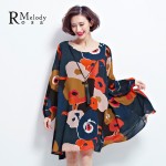 2016 Large Size Dresses Hit Color Printing Long Sleeve Spring Loose Chiffon Dress for Women with Necklace(R.Melody XM0002