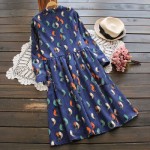 2016 Mori Girl Vintage Print Women Dress Spring Autumn Long Sleeve Birds Print  Corduroy Vestidos Elegant Navy Blue  Retro Dress