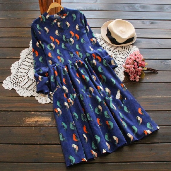 2016 Mori Girl Vintage Print Women Dress Spring Autumn Long Sleeve Birds Print  Corduroy Vestidos Elegant Navy Blue  Retro Dress