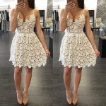 2016 New Arrival Lace Dress Back Zipper Spaghetti Strap Dress Split Hem Sexy Backless Floral Lace White Red Lace Dresses