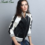 2016 New Baseball LeatherJacket Black White Outfit Women Faux Soft Leather Jackets Pu Blazer Zip Coat Uniform Bomber Jacket