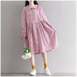 2016 New Fashion Women Casual Plaid Dress Turn Down Collar Long Sleeve Vestidos De Festa Cotton Linen Preppy Style Femme Dress