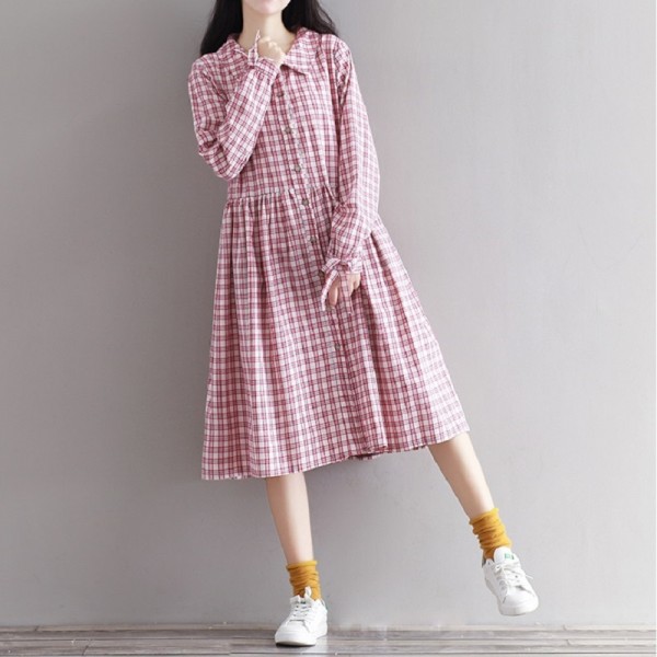 2016 New Fashion Women Casual Plaid Dress Turn Down Collar Long Sleeve Vestidos De Festa Cotton Linen Preppy Style Femme Dress