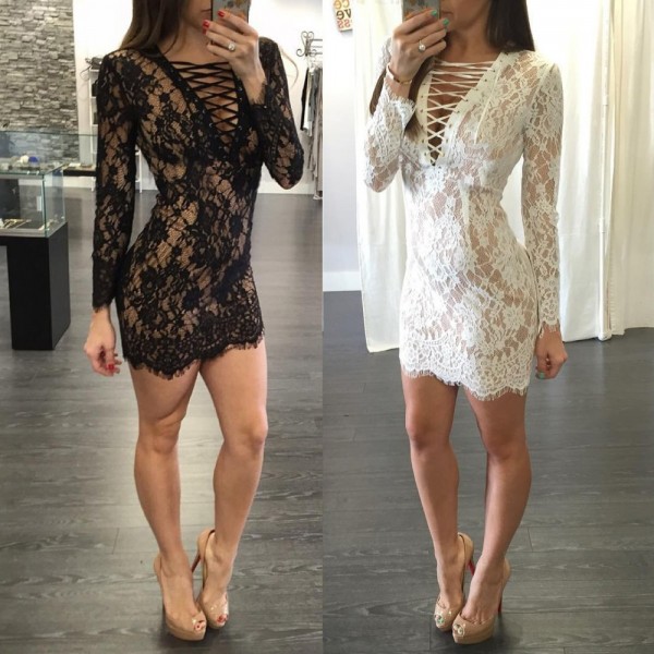 2016 New Lace Up Lace Dress Back Zipper Mini Dress Long Sleeve Sexy Club Party Dress Black White Bodycon Dress Plus Size