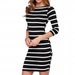 2016 New Spring Summer  Women Round Neck Fashion Black and White Striped Long Sleeve Straight Plus Size Casual Dress