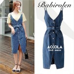 2016 New Summer Fashion Slim Bow Belt Strap V-Collar Sleeveless Dress Denim Tank