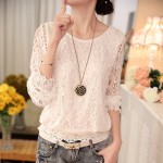 2016 New Summer Ladies White Blusas Women's Long Sleeve Chiffon Lace Crochet Tops Blouses Women Clothing Feminine Blouse 51C