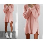 2016 New Women Autumn Winter Fashion Sexy O-Neck Long-Sleeved mini dress Asymmetric Open Dress Casual Loose Female Solid Dress