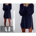 2016 New Women Autumn Winter Fashion Sexy O-Neck Long-Sleeved mini dress Asymmetric Open Dress Casual Loose Female Solid Dress