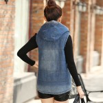 2016 New Women Hooded Waistcoat Autumn Winter Fashion Thick Denim Vest Coat Fashion Wadded Sleeveless Jacket Chalecos Mujer