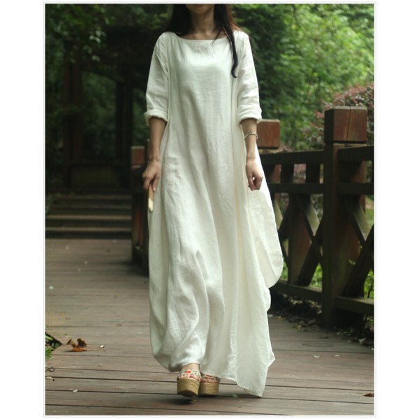 2016 New spring Summer Style Women Cotton Linen loose long Dress slash neck elegant China Style juniors maxi dress linen dress